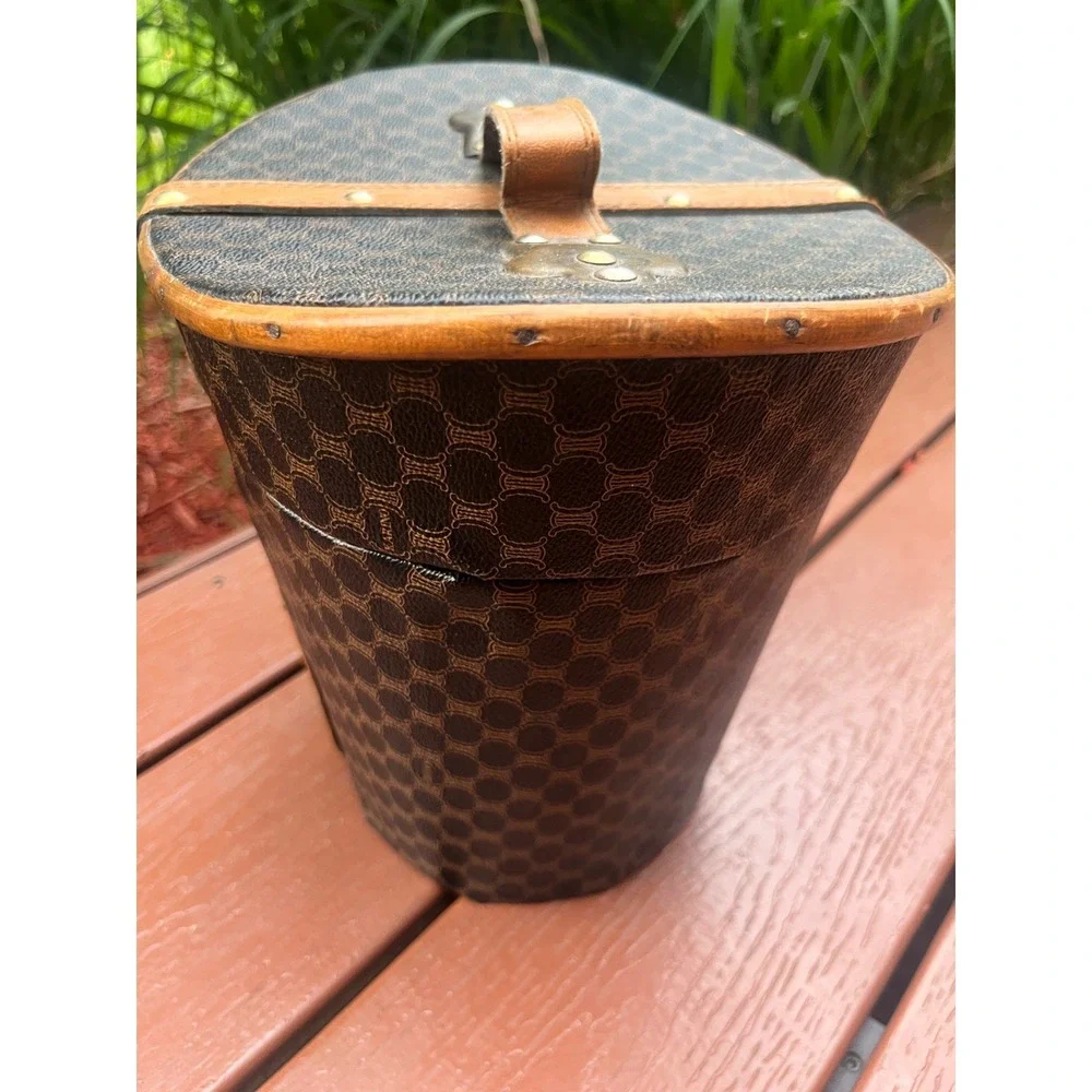 Vintage Karino Macadam Monogram Wood Bucket Box Leather Trim Vanity Case‎